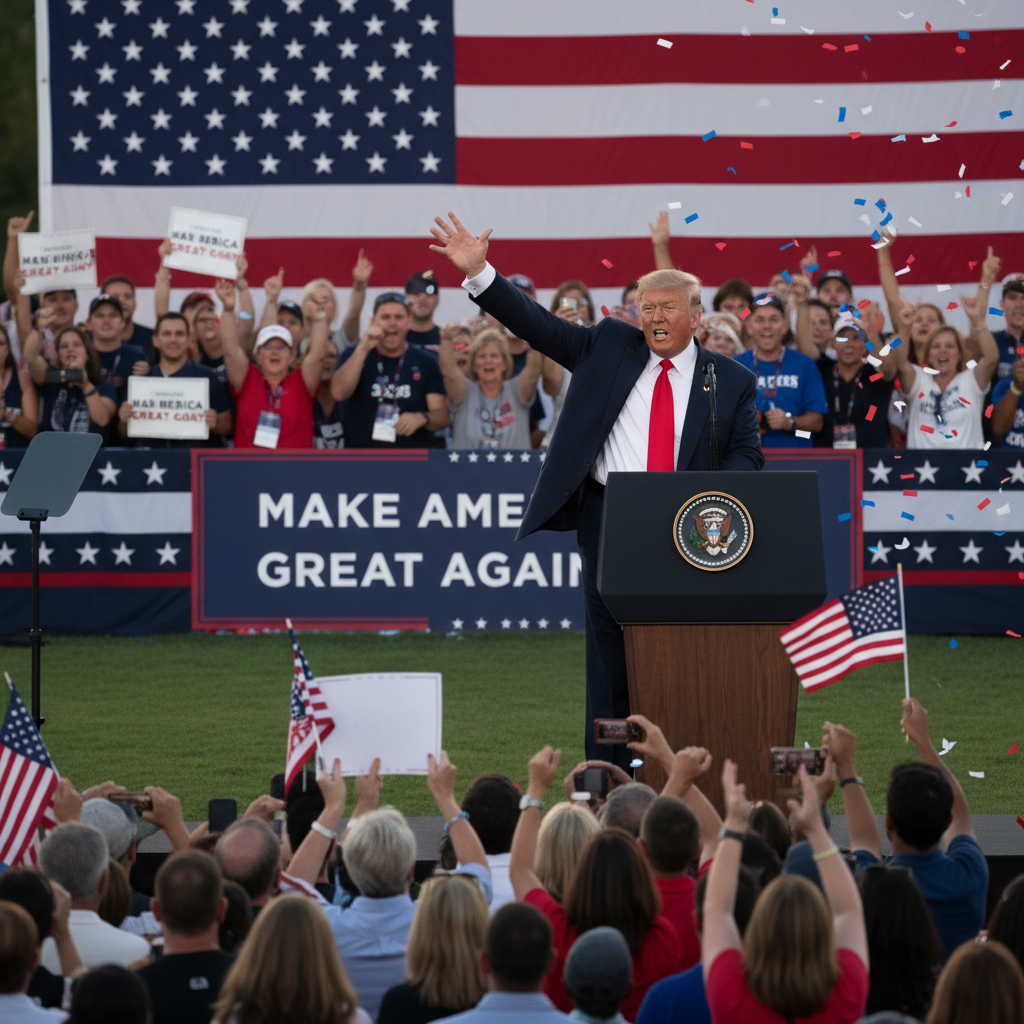 Photo-realistic image of President Trump raising his arm in the air during a public appearance