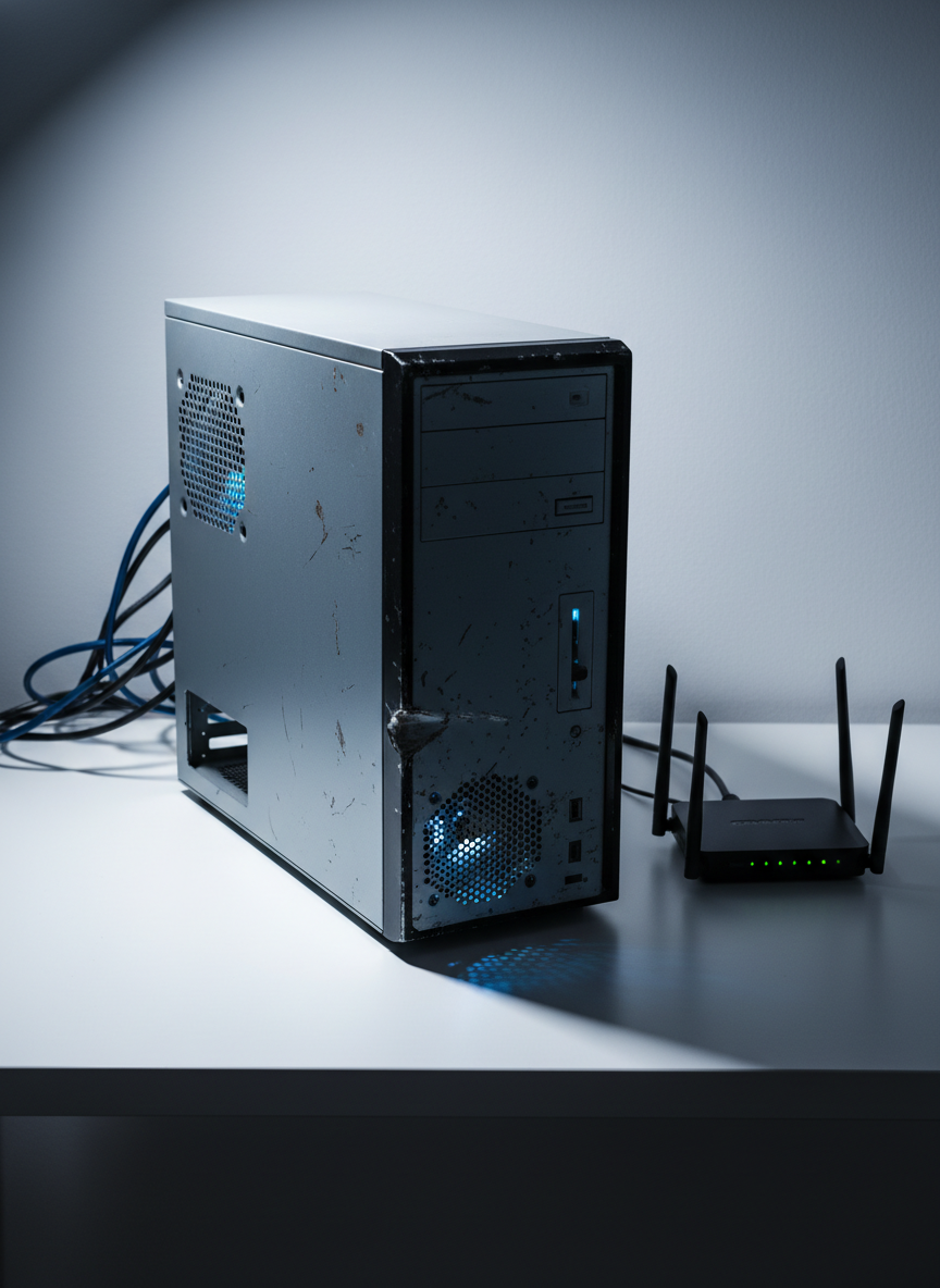 A battered and scratched steel desktop computer tower, its case faintly glowing from inside with harsh, cold blue LED light, sits isolated on a clean, unadorned white desk. Ethernet cables, sharp in detail, curl away and disappear off the back edge. A wireless router with flickering green lights sits nearby, casting crisp, elongated shadows across the surface. Dramatic, directional lighting from a single high-intensity source at the left creates stark, high-contrast shadows on the minimalist background, emphasizing a sense of unease and exposure. Captured at a low, oblique angle with tight framing, the photo has deep focus and a photographic realism. The overall effect is bold and intense, underscoring themes of surveillance and technological intrusion.