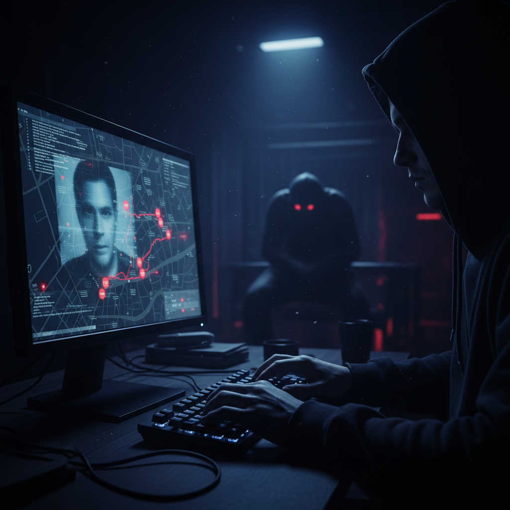 A dramatic cyberstalking themed image, moody lighting, computer screen in a dark room glowing suspiciously, shadowy figure in the background, high contrast, unsettling atmosphere