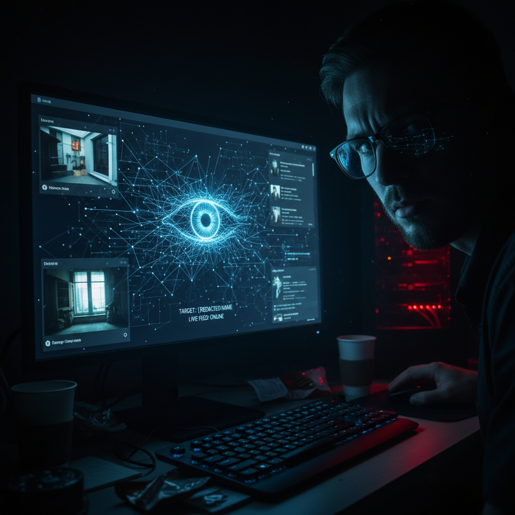 cyberstalking, digital surveillance, computer screen in dark room, ominous atmosphere