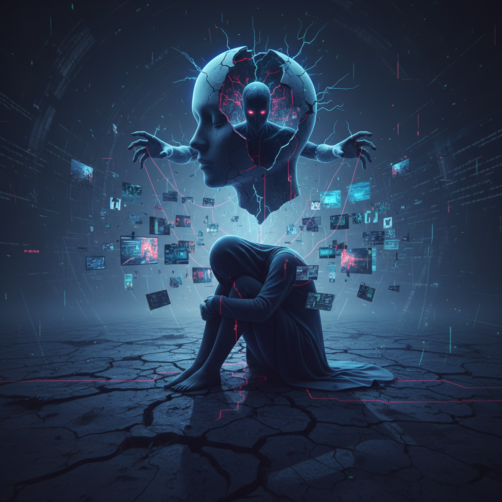 an evocative and dramatic image representing psychological or technological torture, suitable for an article on stalking victim experiences. Avoid graphic or explicit content, but show distress or anxiety in a symbolic way (e.g., shadowy figure, fractured mind, wires or technology suggesting control).